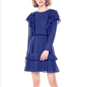 NWT. Navy blue long sleeve mini dress. Flirty dress. Ruffles. Flattering look